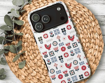 Scandinavian Folk Art Bird Floral Phone Case, Impact Resistant Protective Cover
