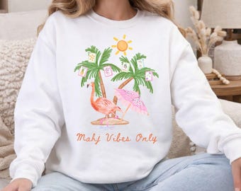 Mahjong Sweatshirt for Women | Tropical Flamingo Palm Trees Crewneck | 'Mahj Vibes Only'