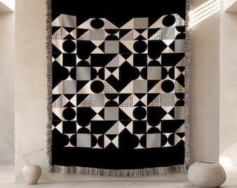 Bahaus Design Mid Century Modern vävd filt, 100 % bomull svart och beige minimalistisk pläd, abstrakt geometriskt mönster