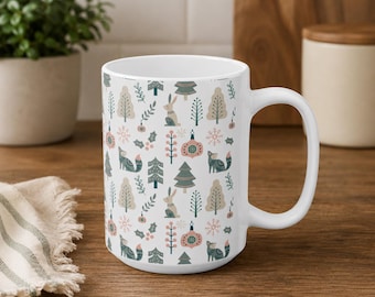 Ceramic Mug, Woodland Animals Pattern Scandinavian Folk Art