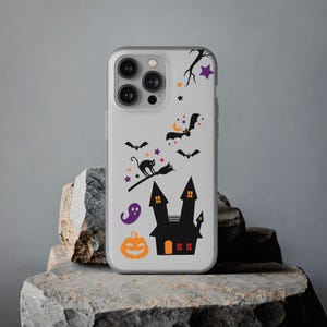 Spooky Halloween Phone Case for iPhone 16 15, Samsung Galaxy S25, Frosted Matte Finish, Semi Transparent Phone Cover, Black Cat, Pumpkin