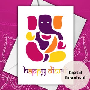 May include: A white greeting card with a colorful illustration of the Hindu deity Ganesha. The design features a purple elephant head, orange and yellow accents, and the words "happy diwali" in a stylized font. The card is in an envelope.