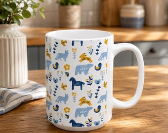 Scandinavian Folk Animals Mug | Ceramic Coffee Tea Cup