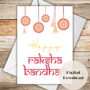 Puede incluir: Tarjeta de felicitación blanca con las palabras "Happy Raksha Bandhan" en escritura amarilla y roja. La tarjeta presenta adornos circulares colgantes con detalles amarillos y rosas, y las palabras "Digital Download" en un círculo.