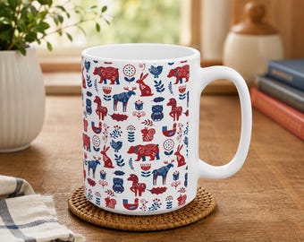 Scandinavian Folk Animal Pattern Mug | Ceramic Coffee Cup