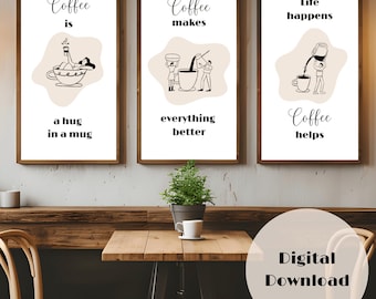 Coffee Wall Art Set of 3 Digital Prints, Kitchen Art Decor, Coffee Bar Sign, Digital Art Minimalist Wall Decor, Coffee Poster Printable Art