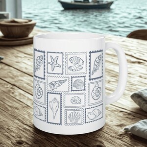 Shells & Stamps Ceramic Mug - Coastal Decor, Ocean Lover Gift, Nautical Kitchen, Beach House Essentials, Summer Vibes
