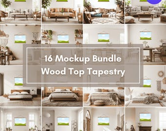 Wood Topped Wall Tapestry Mockup Bundle, 36x26, Canva Mockup for Printify Framed Tapestry Landscape, Drag and Drop, Size Guide Included