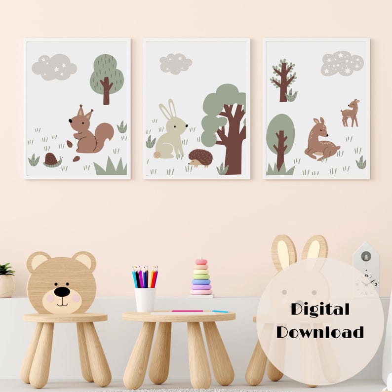 Woodland Animals Nursery Wall Art Print Set of 3, Baby Room Decor ...