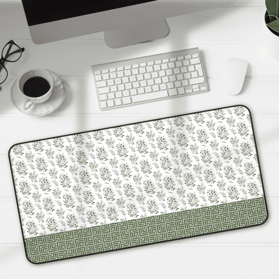Green Desk Mat With Geometric Pattern, Leaf Foliage Design, Hemmed ...