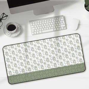 Green Desk Mat with Geometric Pattern, Leaf Foliage Design, Hemmed Edges, Home Office Decor, Gift for Students, Large Computer Mouse Pad