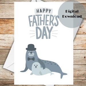 Carte de fête des pères imprimable 5 x 7 (modèle d'enveloppe inclus) | Téléchargement numérique instantané | Joli bébé phoque et papa phoque | Cadeau enfant