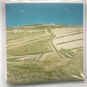 Carte de voeux A Walk on the Downs, à partir de linogravure en édition limitée