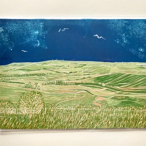 Carte de voeux Regard vers l'est depuis le Steyning Bowl, à partir de linogravure en édition limitée
