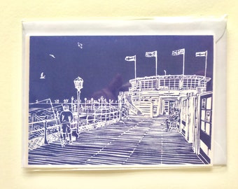 Fishing from the Pier greetings card, from limited edition linocut