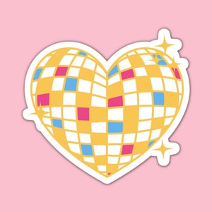 Pansexual Pride Sticker: Retro Heart Disco Ball, Waterproof 3-Inch