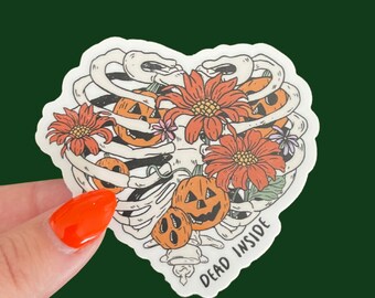 STICKER Dead Inside, Halloween Spooky Skeleton Goth Floral Pumpkin Autumn | 3 Inch Waterproof Sticker for Water Bottle, Laptop, Car, Ereader