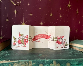 Vintage Christmas Cracker Card “Christmas Elves” , Hand Illustrated Card by UK artist Manymoon Fables
