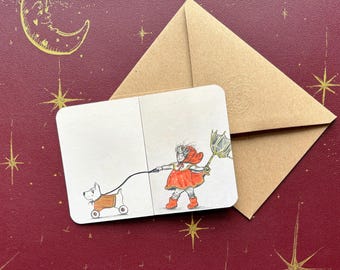 Vintage Inspired Dog Card – Fold Out Greeting, Child Walking Dog Illustration