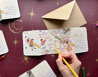 Teacher Thank you Card - “School Book Yellow” Hand illustrated Fold out Greeting Card by UK Artist ManyMoon Fables.