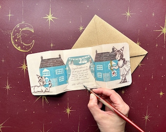 New Home - “My Blue Dollhouse” - Hand illustrated Fold out Greeting Card by UK Artist ManyMoon Fables.