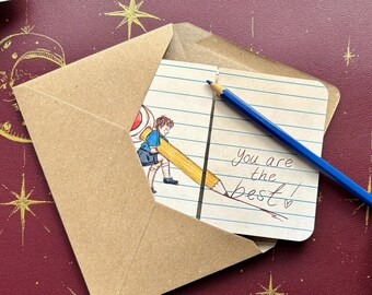 Teacher Thank you Card - “Blue School Book” Hand illustrated Fold out Greeting Card by UK Artist ManyMoon Fables.
