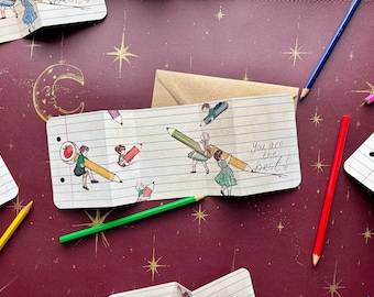 Teacher Thank you Card - “School Book Green” Hand illustrated Fold out Greeting Card by UK Artist ManyMoon Fables.