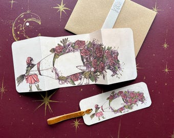 June Birthday Flowers, Rose & Honeysuckle , Fold Out Greeting Card by Manymoon Fables