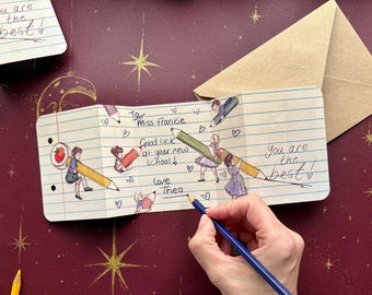 Teacher Thank you Card - “Purple School Book” Hand illustrated Fold out Greeting Card by UK Artist ManyMoon Fables.
