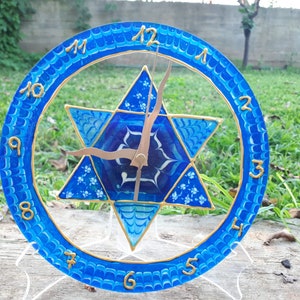 Reloj de pared Magen David, pintado a mano en azul y blanco, tamaño mediano