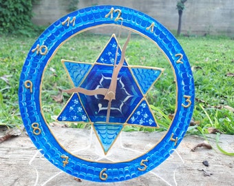 Magen David Wanduhr, handbemalt in blau und weiß