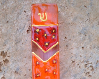 Mezuzah case in red and orange, modern judaica art, faux-stained glass, made in Israel, hand-painted, home blessing, Jewish decor