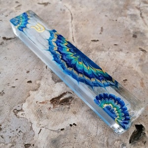 Mezuzah case in shades of blue, modern judaica art, faux-stained glass, made in Israel, hand-painted, home blessing, Jewish decor