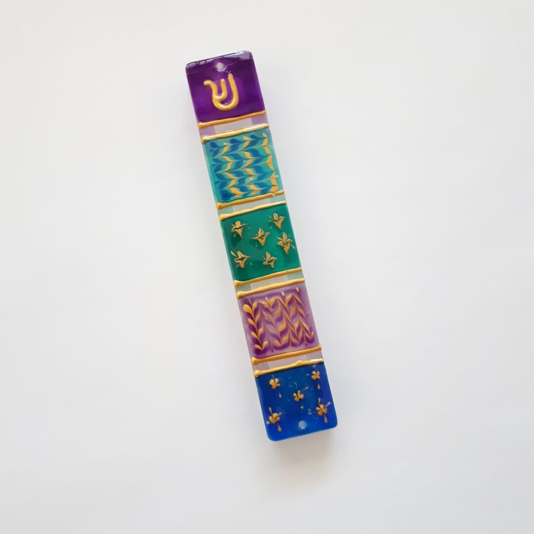 Mezuzah Case in Blue Purple and Turquoise, Modern Judaica Art, Faux