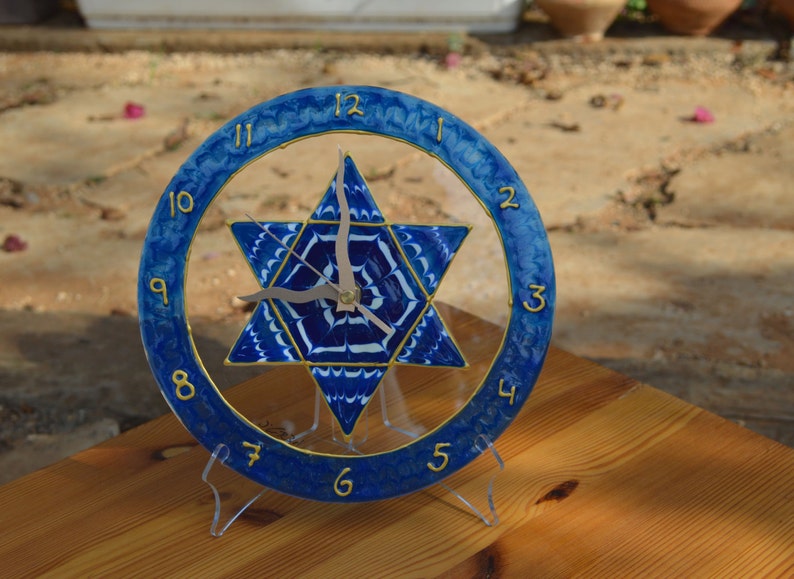 Unique wall clock in blue and white, Star of David, made in Israel, medium size image 2