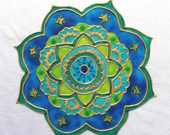 Mandala window decoration, blue and green Mandala ornament, glue less glass sticker