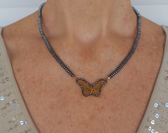 Butterfly necklace, Dainty jewelry, Minimalist necklace, Hematite necklace, Natural stone jewelry, Unique gift for women