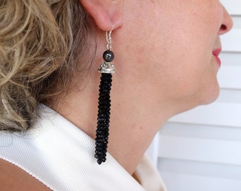 Black earrings for women, Black drop earrings, Chandelier earrings, Long beaded earrings, Black dangle earrings, Long black earrings