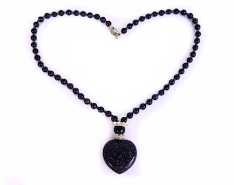 Blue goldstone necklace, Heart necklace for women, Gemstone beaded necklace, Trendy jewelry, Gem necklace, Blue necklace, Sandstone necklace