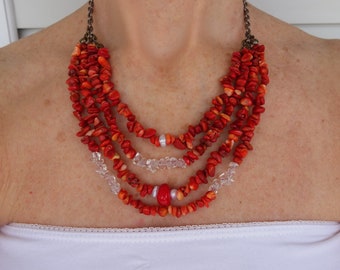 Red coral necklace, Multi strand necklace, Summer jewelry, Red necklace for women, Coral jewelry