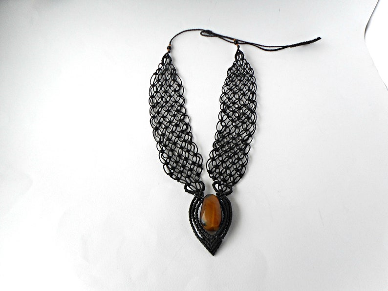 Black statement necklace Macrame necklace Micro macrame jewelry Bib necklace Black necklace for women Tigers eye necklace