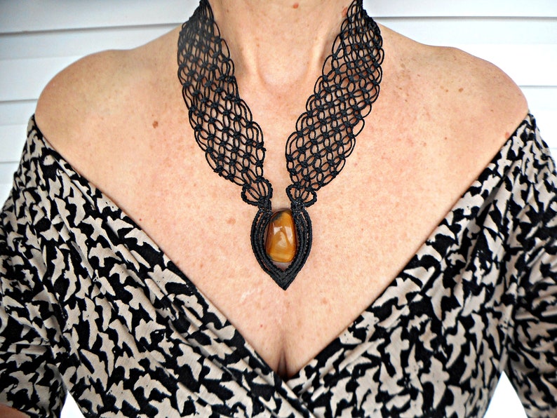 Black statement necklace Macrame necklace Micro macrame jewelry Bib necklace Black necklace for women Tigers eye necklace