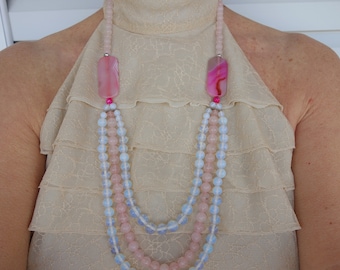 Moonstone and rose quartz necklace, Gemstone necklace for women, Natural stone jewelry, Statement necklace, Multi strand beaded necklace