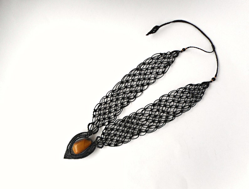 Black statement necklace Macrame necklace Micro macrame jewelry Bib necklace Black necklace for women Tigers eye necklace