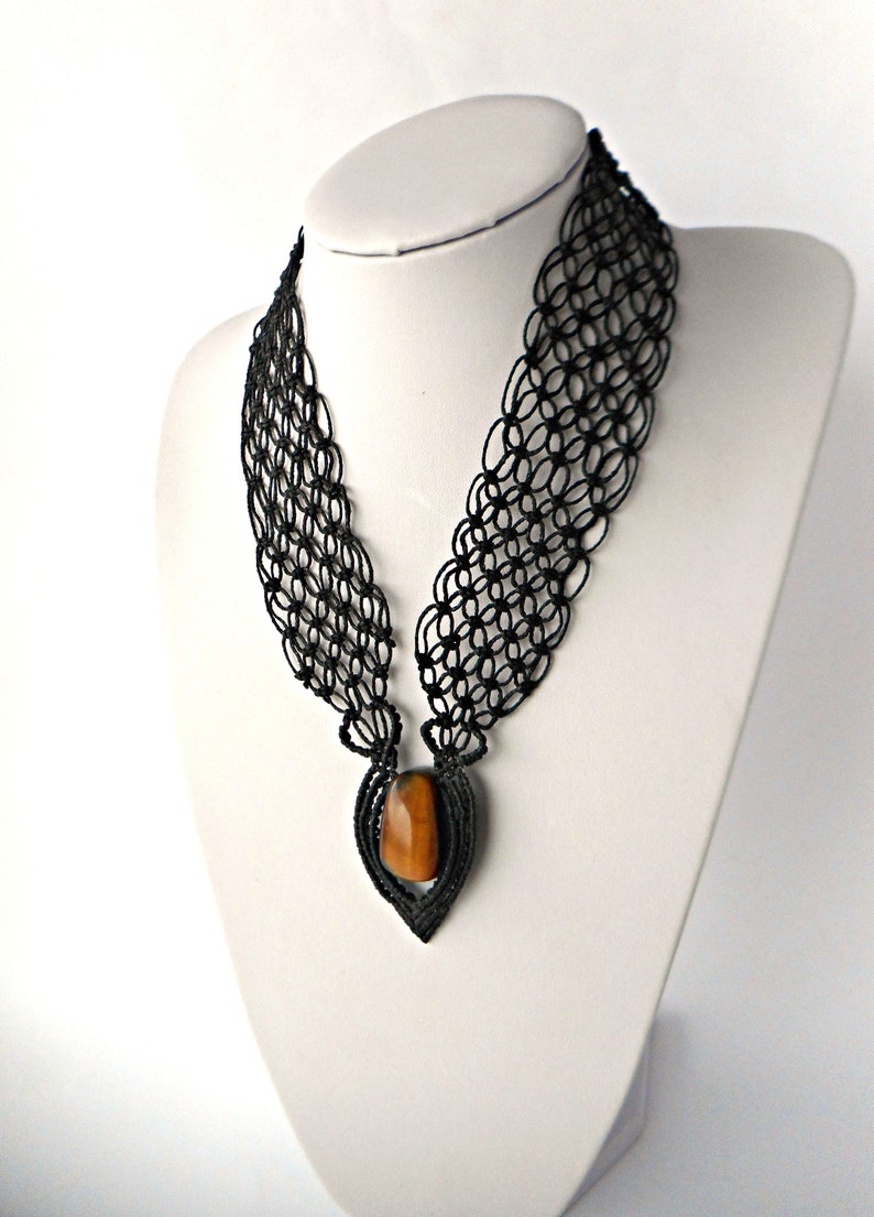 Black statement necklace Macrame necklace Micro macrame jewelry Bib necklace Black necklace for women Tigers eye necklace