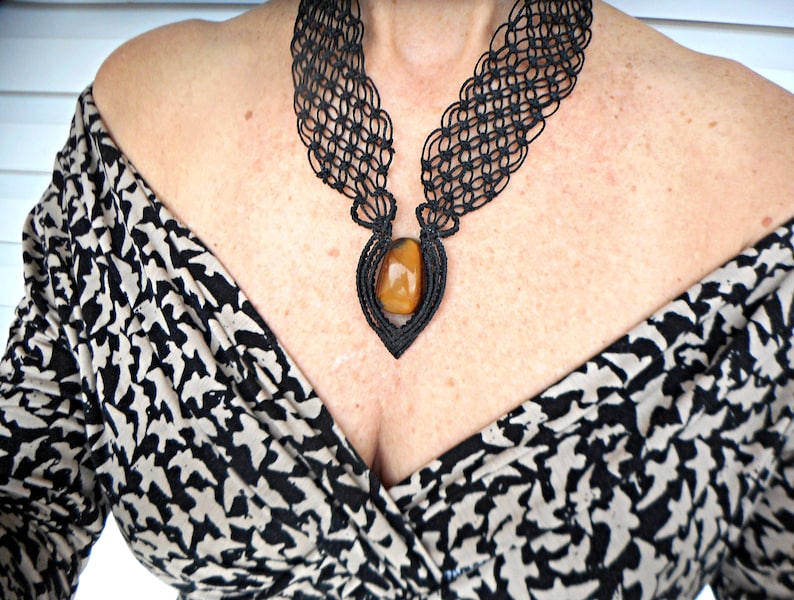Black statement necklace Macrame necklace Micro macrame jewelry Bib necklace Black necklace for women Tigers eye necklace