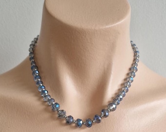 Vintage Blue Glass Bead Necklace with Silver Spacers - Adjustable Length
