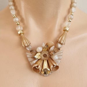 Vintage 1980s Statement Necklace | Ivory & Gold Floral Fan Design