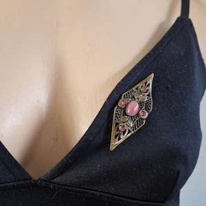 Vintage Czech Filigree Brooch: Bohemian Pink Glass & Crystal