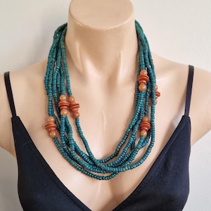 Multi-strand Necklace Turquoise Orange Wooden Beads Multi-strand Ethnic Tribal